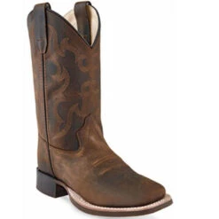 Old West Youth Broad Square Toe Western Boots - Brown