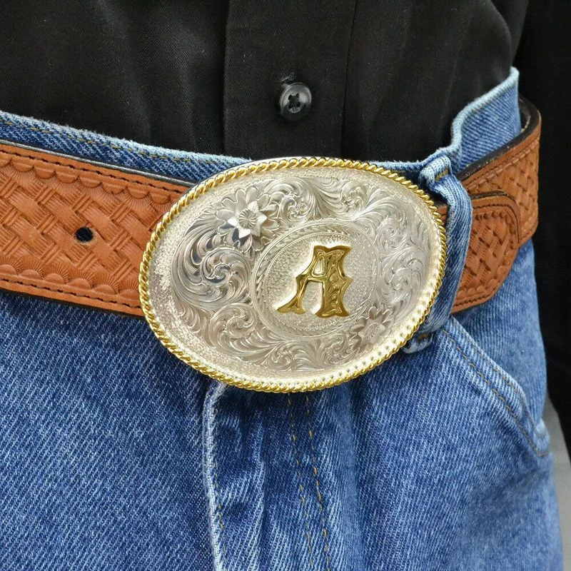 Montana Silversmiths Initial A Silver Engraved Gold Trim Western Belt Buckle (700A) Montana Silversmiths Initial A Silver Engraved Gold Trim Western Belt Buckle (700A) -Equestrian Gear 496976 800 auto