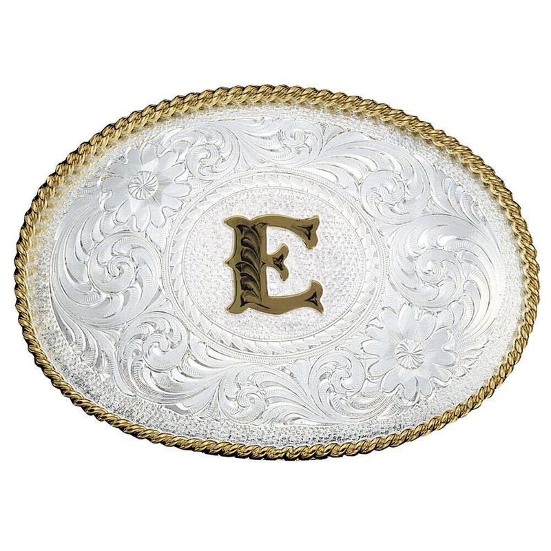 Montana Silversmiths Initial E Silver Engraved Gold Trim Western Belt Buckle (700E) Montana Silversmiths Initial E Silver Engraved Gold Trim Western Belt Buckle (700E) -Equestrian Gear 496983 800 auto