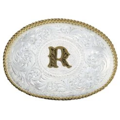 Montana Silversmiths Initial R Silver Engraved Gold Trim Western Belt Buckle (700R)