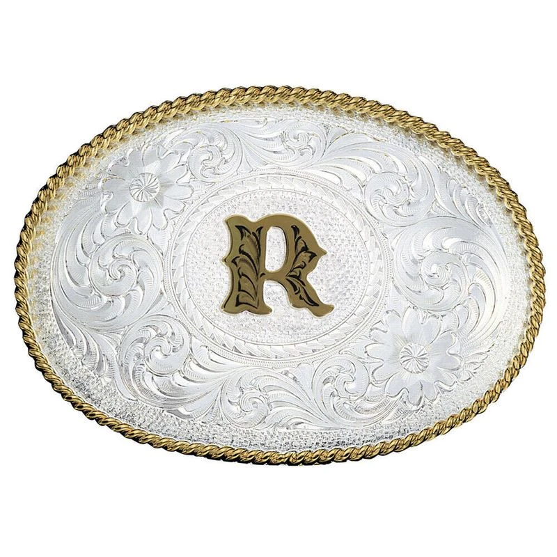 Montana Silversmiths Initial R Silver Engraved Gold Trim Western Belt Buckle (700R) Montana Silversmiths Initial R Silver Engraved Gold Trim Western Belt Buckle (700R) -Equestrian Gear 497011 800 auto