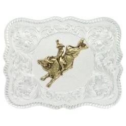 Montana Silversmiths Scalloped Silver Western Belt Buckle With Bull Rider (61669-528)